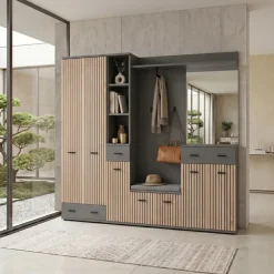 Armadio multiuso ingresso 60x203h cm 2 ante stampa a righe rovere rustico antracite California Gihome®