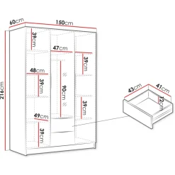 Armadio 150x216h cm 3 ante battenti con specchio 2 cassetti nero opaco Ampy
