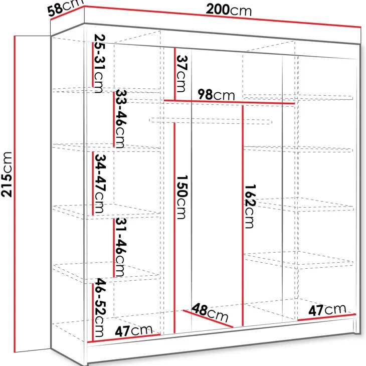 Armadio 200x215h cm 3 ante scorrevoli con specchio nero opaco Silven