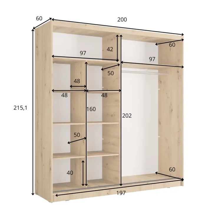 Armadio 205x215h cm 2 ante scorrevoli cannettato con specchio rovere nero Vance