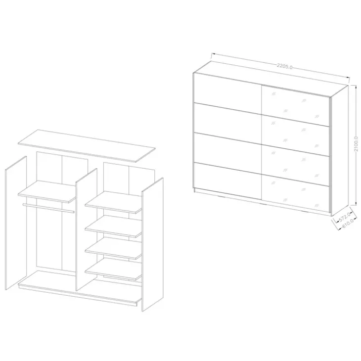 Armadio 221x210h cm 2 ante scorrevoli con specchio bianco Pascal Gihome®