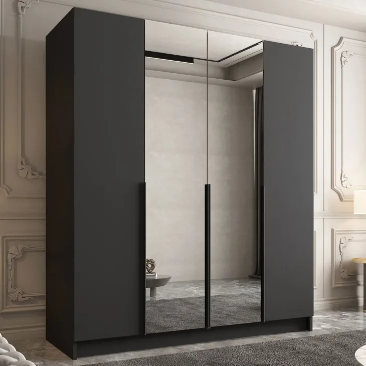 Armadio 200x215h cm 4 ante 2 specchi moderno nero Glammy 4