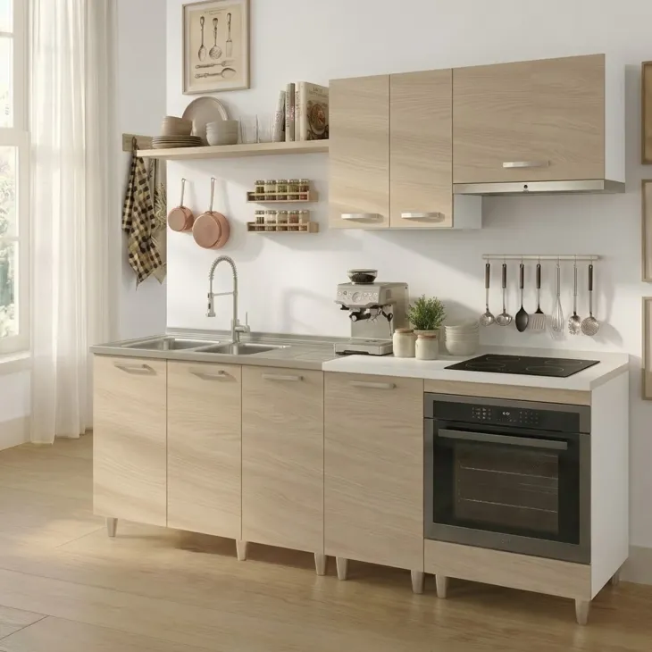Base sottolavello 120x83h cm con doppio lavello e gocciolatoio a destra 3 ante bianco rovere olmo Talise