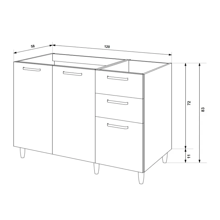 Base sottolavello 120x83h cm con doppio lavello e gocciolatoio a destra 2 ante 3 cassetti bianco frassinato Talise