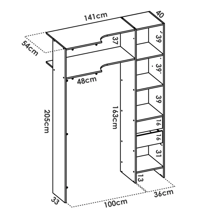 Cabina armadio angolare allungabile 164/232x205h cm con tenda bianco Rivo