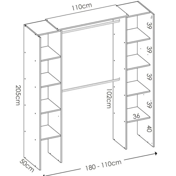 Cabina armadio 180x205h cm allungabile moderno aperto con tenda bianco Simpli