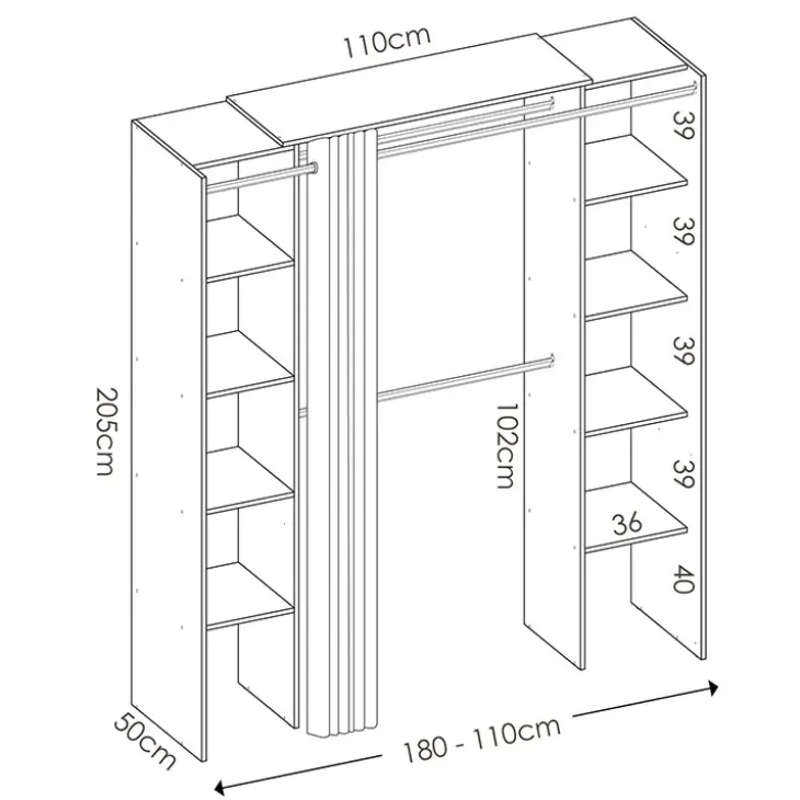 Cabina armadio 180x205h cm allungabile moderno aperto con tenda bianco Simpli