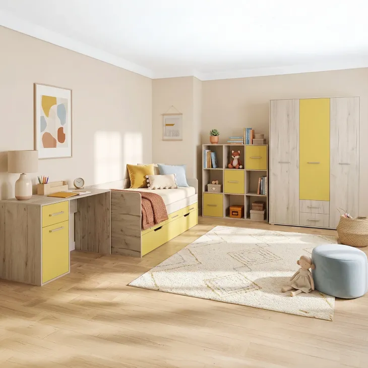 Cameretta completa letto singolo con letto estraibile e cassetti bianco frassinato giallo Bra