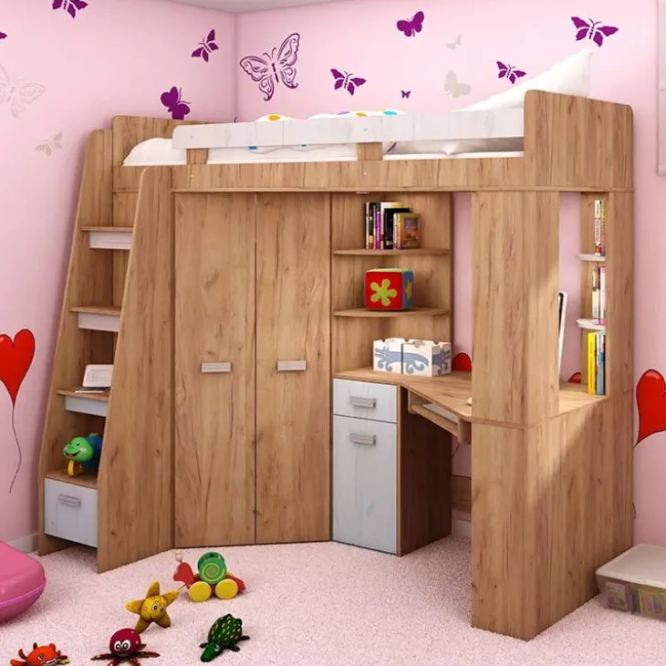 Cameretta 204x120cm bambini completa sinistra 1 letto singolo rovere miele bianco frassinato Dollie Gihome®