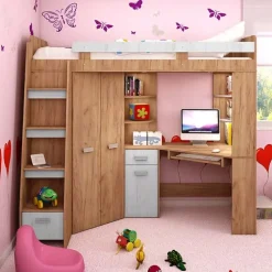 Cameretta 204x120cm bambini completa sinistra 1 letto singolo rovere miele bianco frassinato Dollie Gihome®
