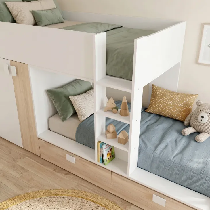Cameretta 275x106cm bambini 2 letti reversibile rovere bianco opaco a soppalco Clark