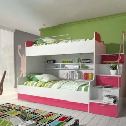 Cameretta 254x120cm con soppalco 2 letti singoli bianca rosa Enrico Gihome®