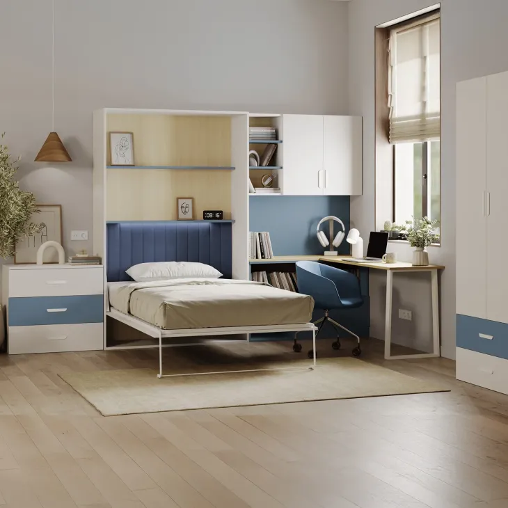 Cameretta 253x208h cm con letto a scomparsa e scrivania cashmere azzurro Colorful