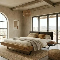 Comodino 39x15h cm sospeso ad incastro legno massello metallo rovere nero Venalia