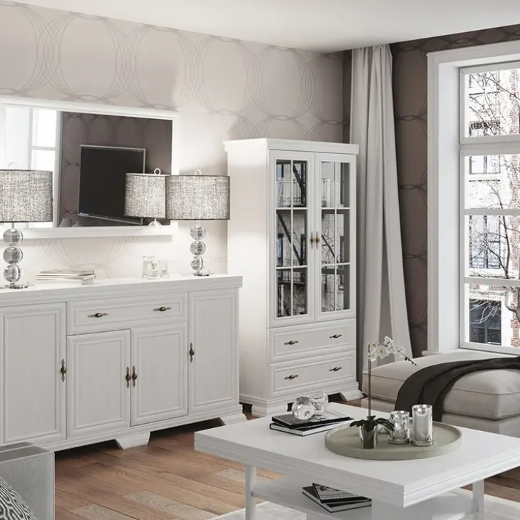Credenza 158x117h cm 2 ante con vetrina 3 cassetti shabby bianco frassinato Kelly