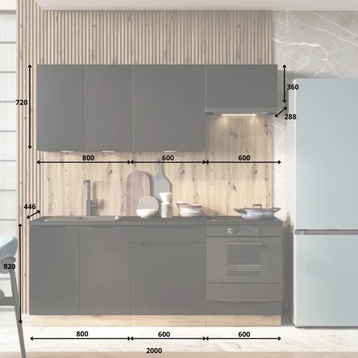 Cucina lineare 200cm completa componibile moderna nera Etrax