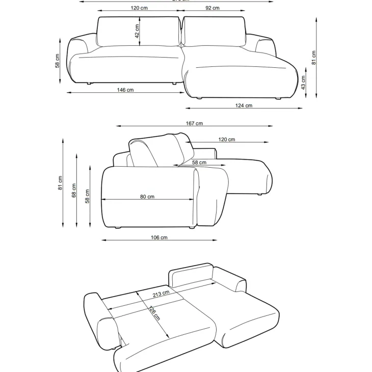 Divano letto angolare destra 3 posti 270x167cm tessuto antracite Cloudify