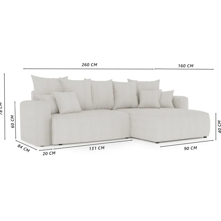Divano letto angolare reversibile 260x160cm velluto a coste grigio chiaro Scintilla