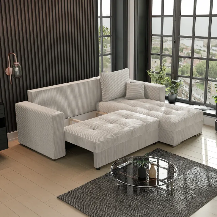 Divano letto angolare reversibile 240x160cm velluto a coste beige Ermione