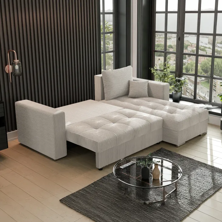 Divano letto angolare reversibile 240x160cm velluto a coste beige Ermione