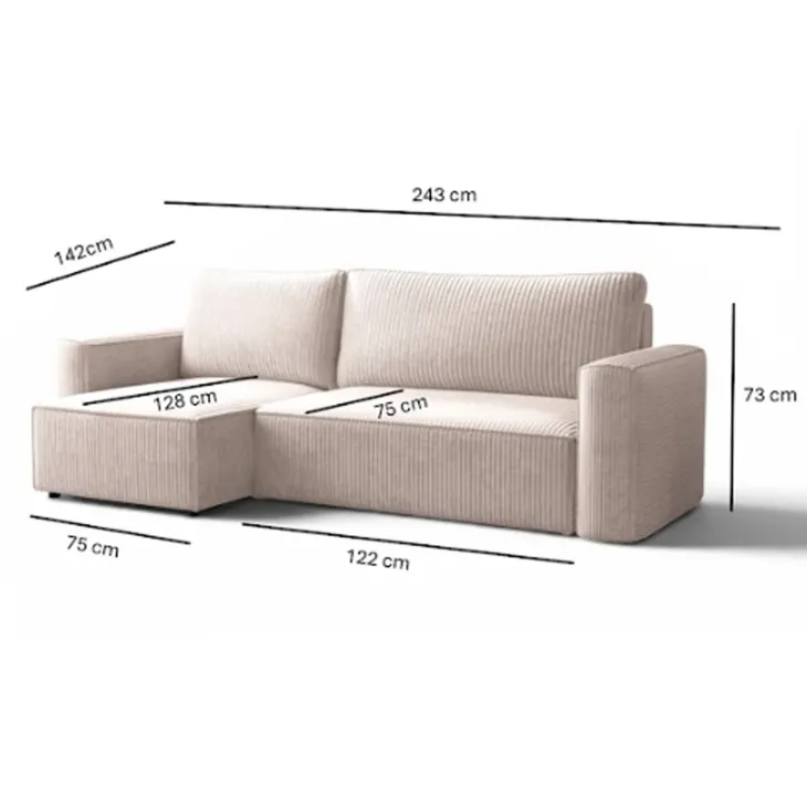 Divano letto angolare reversibile 243x142cm velluto a coste rosa antico Ofelia