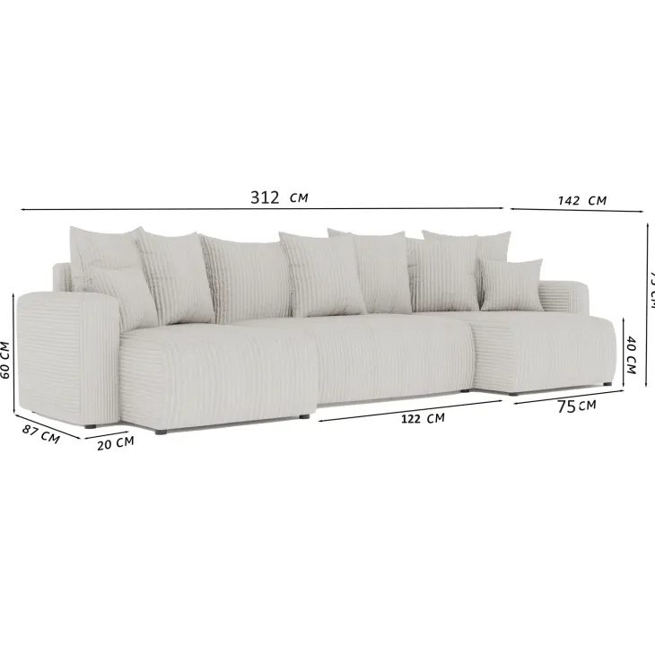 Divano letto panoramico 312x142cm velluto a coste rosa antico Scintilla