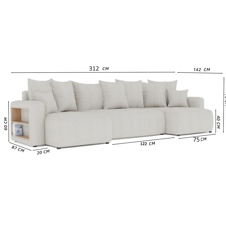 Divano letto panoramico 312x142cm velluto a coste con libreria a sinistra giallo senape Mistery