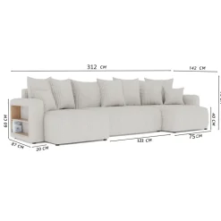 Divano letto panoramico 312x142cm velluto a coste con libreria a sinistra nero Mistery