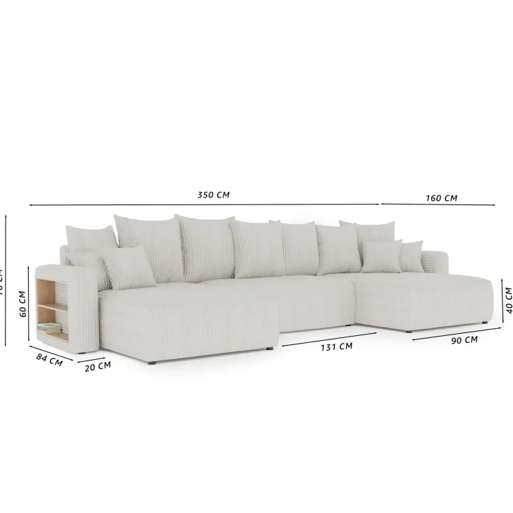 Divano letto panoramico 350x160cm velluto a coste con libreria a sinistra rosa antico Mistery
