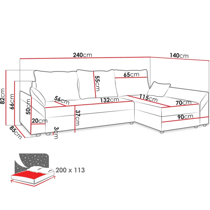 Divano letto 3 posti reversibile 240x140cm matrimoniale angolare rosa Appia