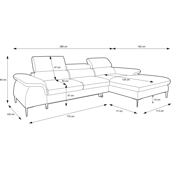 Divano letto regolabile angolare destra 4 posti 288x182cm tessuto grigio chiaro Loungey