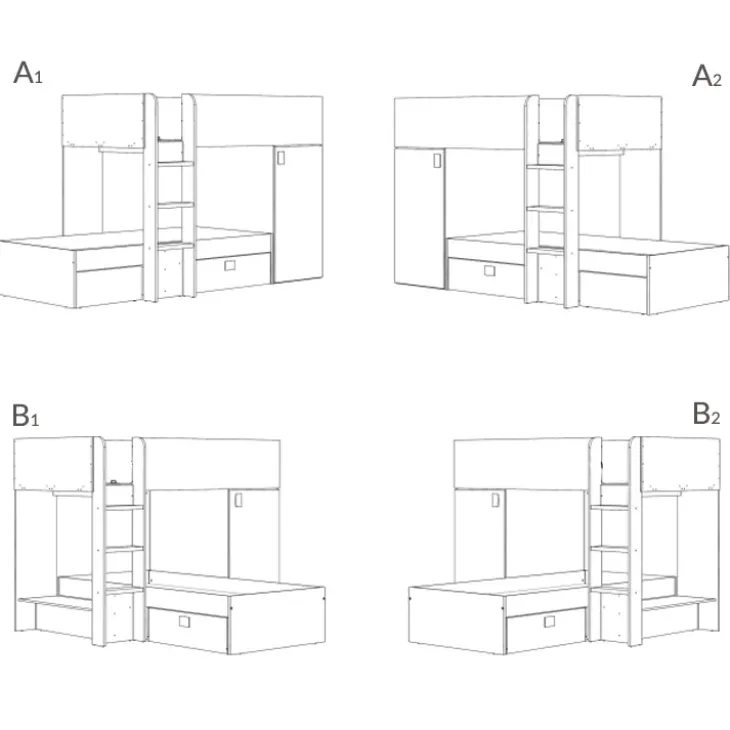 Letto a castello per bambini con armadio 255x112cm rovere bianco Sole