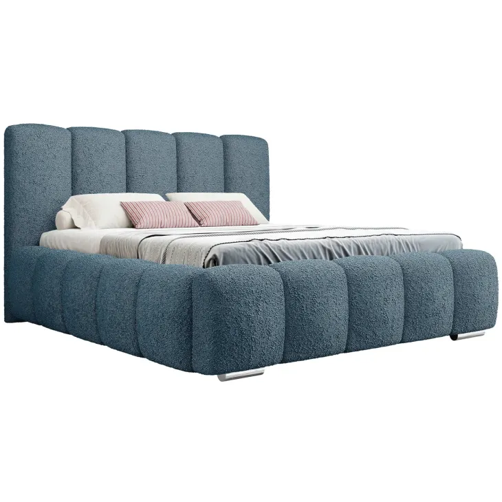 Letto alla francese 140x200 cm con rete contenitore imbottito tessuto bouclé blu Cometa