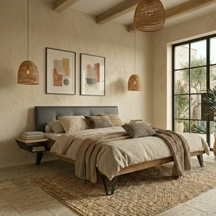 Letto alla francese 140x200cm testiera imbottita piedi in metallo legno massello rovere antracite Cortelia