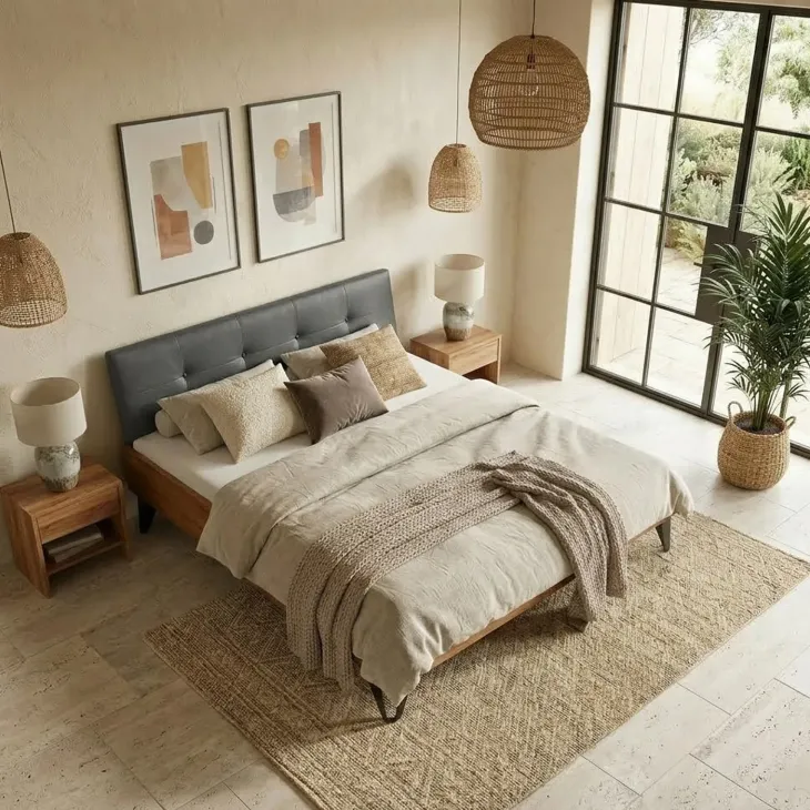 Letto alla francese 140x200cm testiera imbottita piedi in metallo legno massello rovere antracite Cortelia