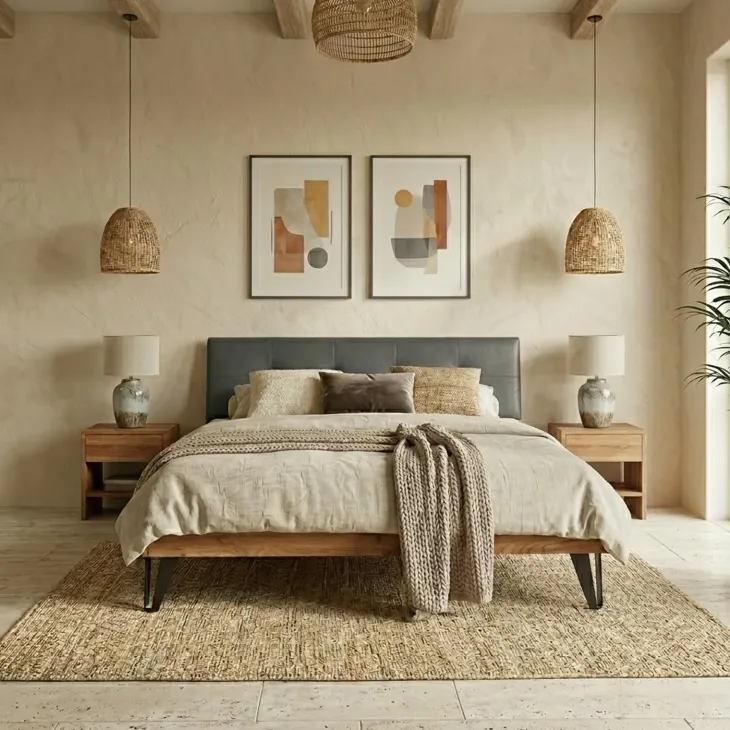 Letto alla francese 140x200cm testiera imbottita piedi in metallo legno massello rovere antracite Cortelia