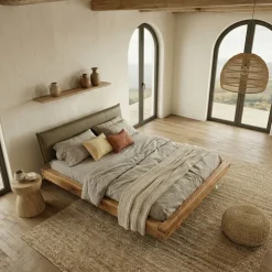 Letto king size 200x200cm testiera imbottita piedi in vetro legno massello rovere tortora Resilia