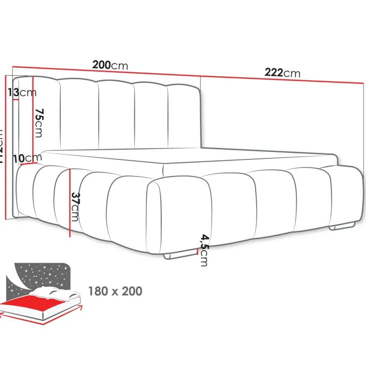 Letto matrimoniale oversize 180x200 cm con rete contenitore imbottito grigio scuro Cometa
