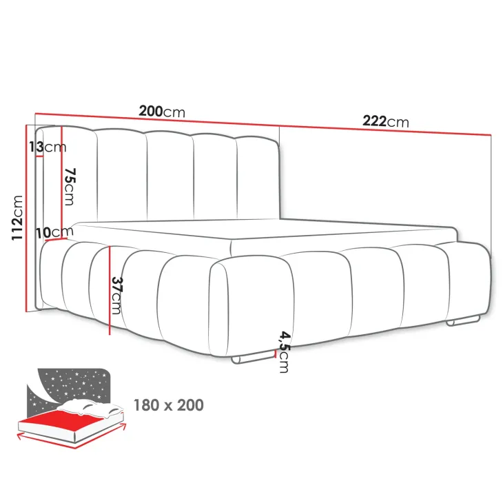 Letto matrimoniale oversize 180x200 cm con rete contenitore imbottito tessuto bouclé nero Cometa