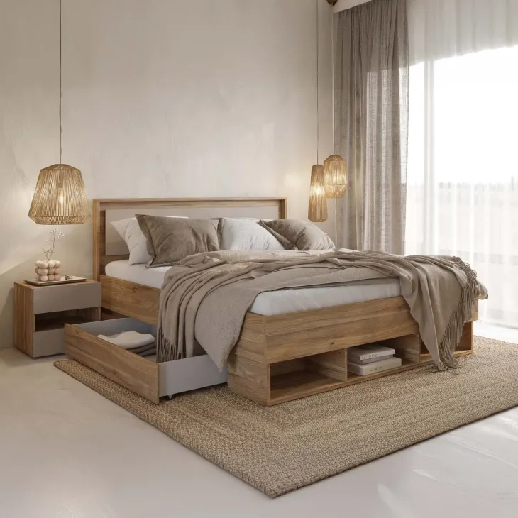 Letto matrimoniale oversize 180x200cm con cassettoni rovere tortora Lise