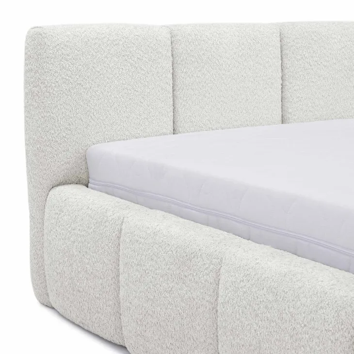 Letto matrimoniale 160x200cm con rete contenitore imbottito tessuto bouclé bianco Aluna