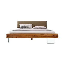 Letto matrimoniale 160x200cm testiera imbottita piedi in vetro legno massello rovere tortora Resilia