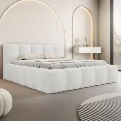 Letto oversize 180x200cm con rete contenitore imbottito tessuto bouclé bianco Aluna