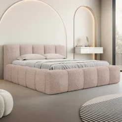 Letto oversize 180x200cm con rete contenitore imbottito tessuto bouclé rosa Aluna
