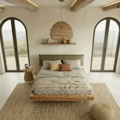 Letto oversize 180x200cm testiera imbottita piedi in vetro legno massello rovere tortora Resilia