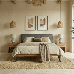 Letto oversize 180x200cm testiera imbottita piedi in metallo legno massello rovere antracite Cortelia