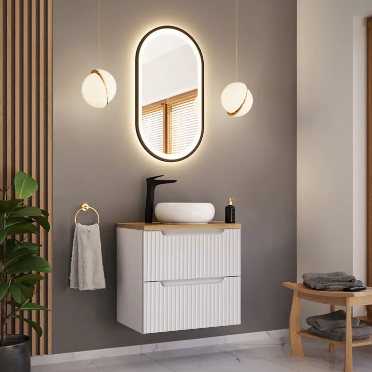 Mobile bagno sospeso 60cm cannettato 2 cassetti bianco rovere Cleany