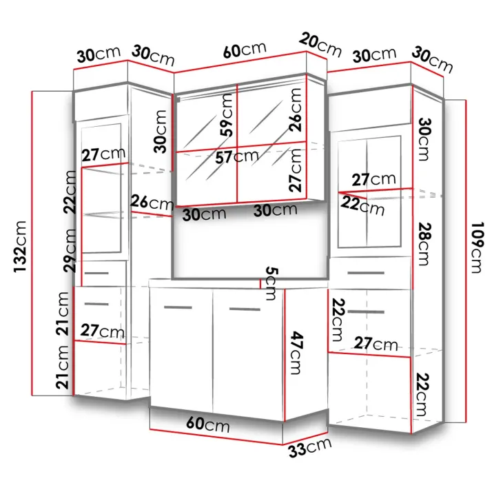 Mobile bagno sospeso 60cm con lavabo, specchio e 2 colonne vetrate rovere grigio Luz