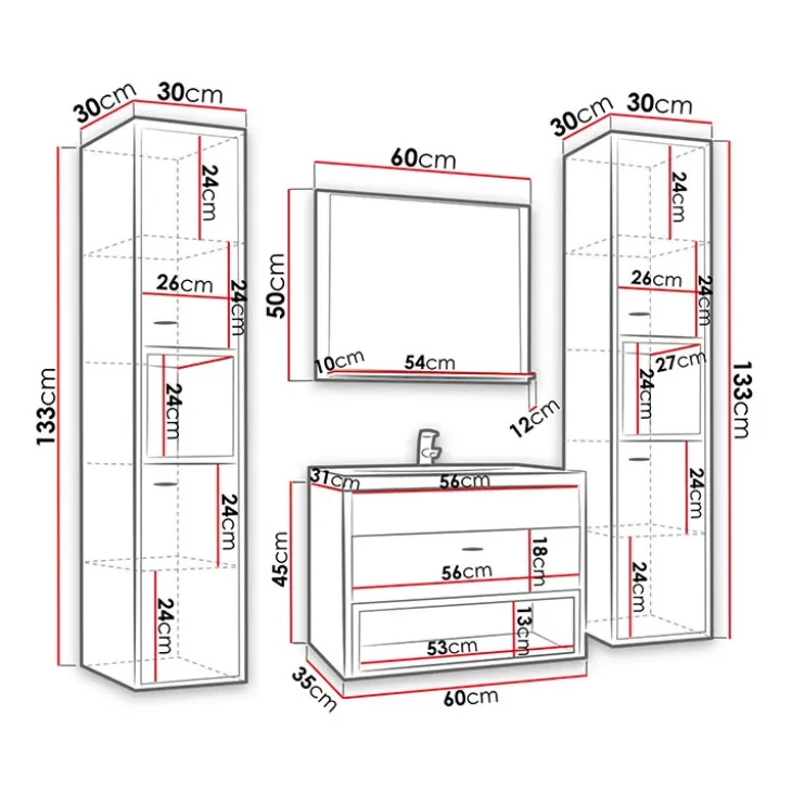 Mobile bagno sospeso 60cm con lavabo, specchio e colonne rovere nero Florentina
