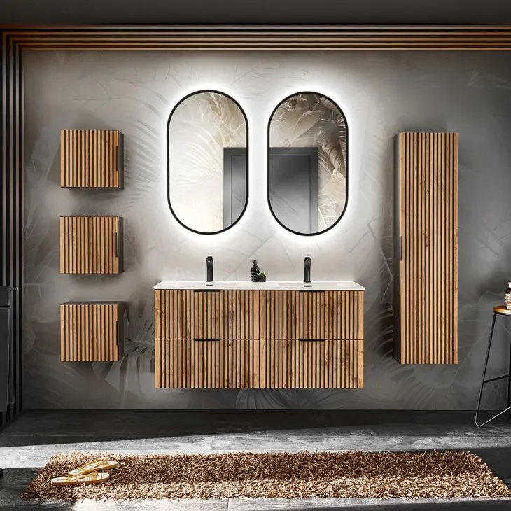 Mobile bagno sospeso 120 cm con 2 lavabi da incasso, 2 specchi e colonna quercia antracite Limpid